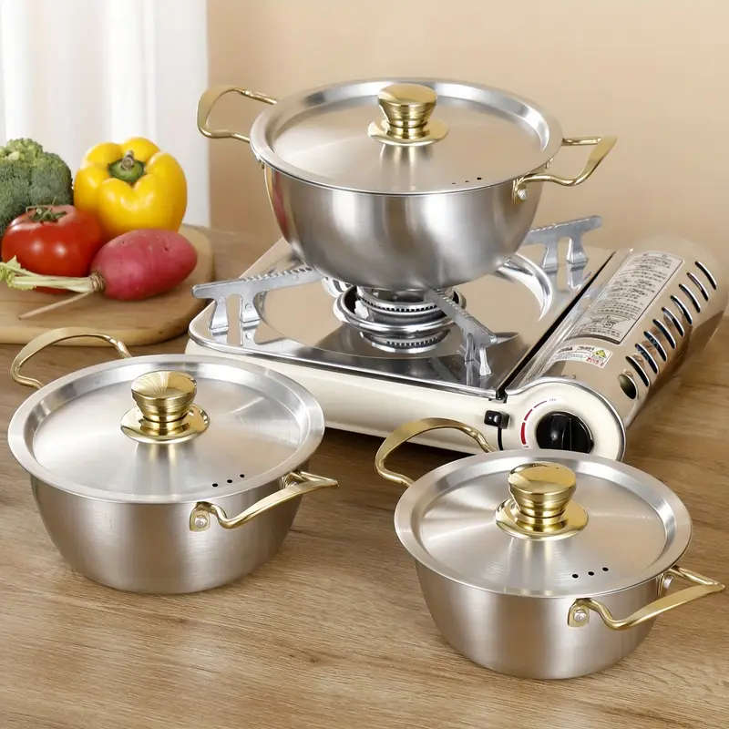 Stainless Steel Gold Bead Gold Ear Noodle Pot Three-Piece Set