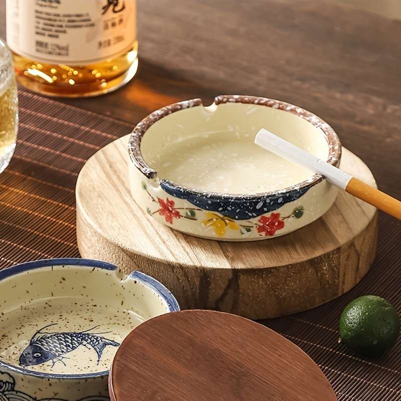 1pc Rustic Ceramic Ashtray with Lid Round Smoke Ashtray for Home Living Room Hotel Restaurant
