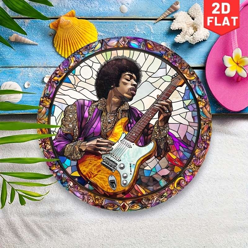 1pc 2D Flat Vintage Guitarist Metal Wall Art 19.99cm Round Iron Sign with Stained Glass Design