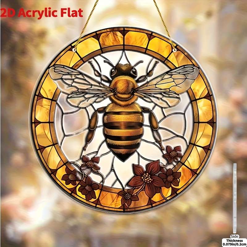 1pc 2D Flat  20.32x20.32 cm Bee Flower Stained Glass-Style Acrylic Suncatcher Vibrant Yellow