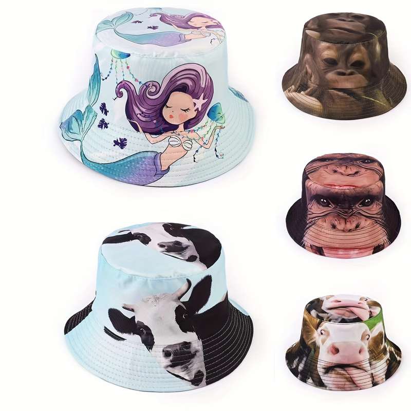 1pc Creative Funny Animal Series Bucket Hat Pig Cow Gorilla Mermaid Print Fisherman Hat Sun