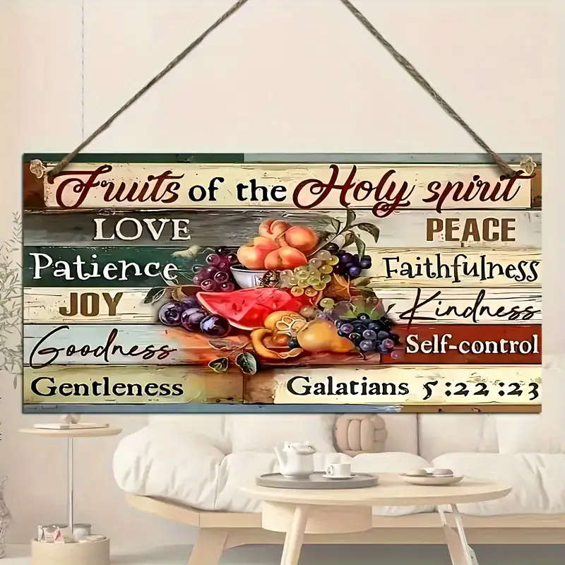1pc Inspirational Wooden Plaque Fruit of the Spirit Rustic Wall Hanging Decor Bible Verse and Food T