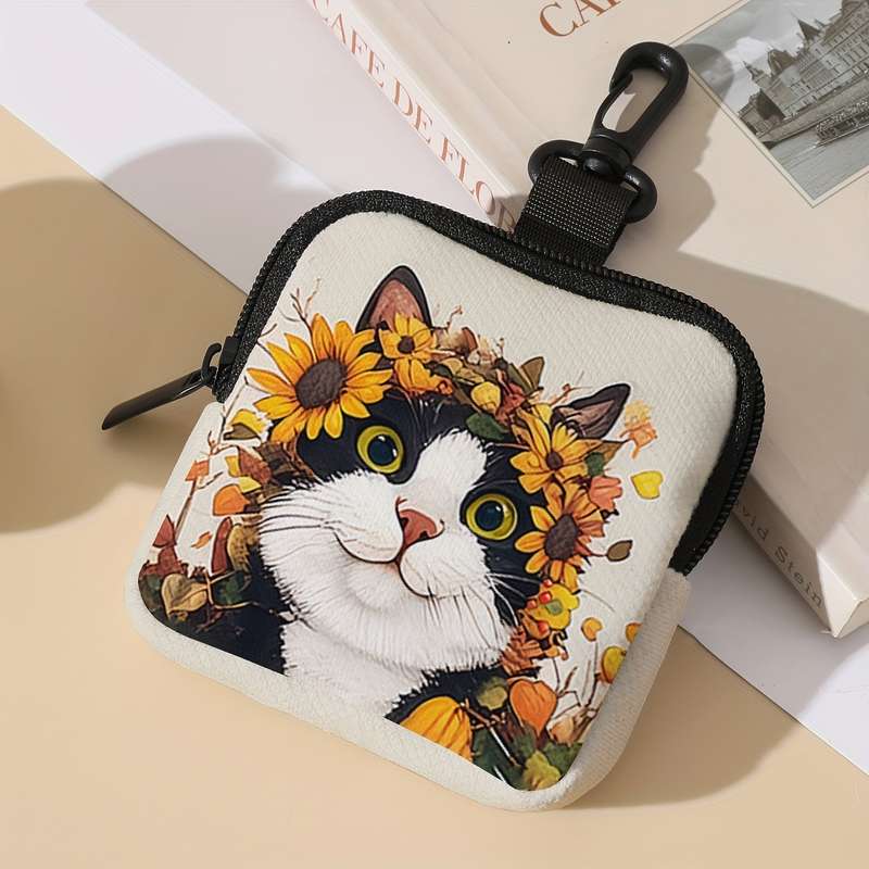 1pc Adorable Cat Sunflower Pattern Large Capacity Coin Purse Multi-Function Zippered Wallet