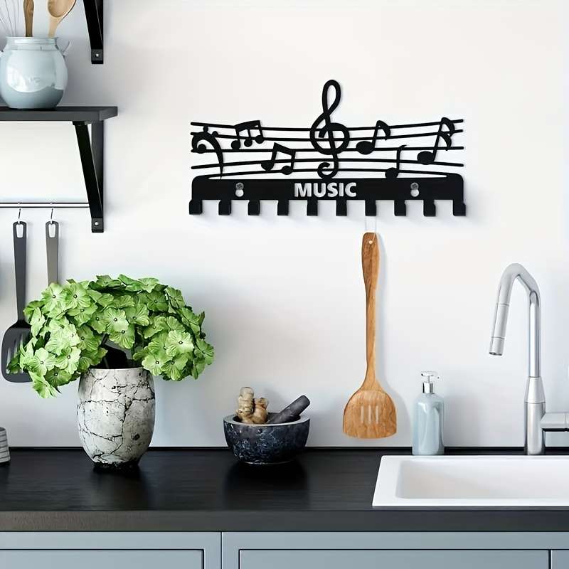 1pc Black Iron Music Note Key Hook Rack Multifunctional Wall-Mounted Storage Organizer Painted Fin
