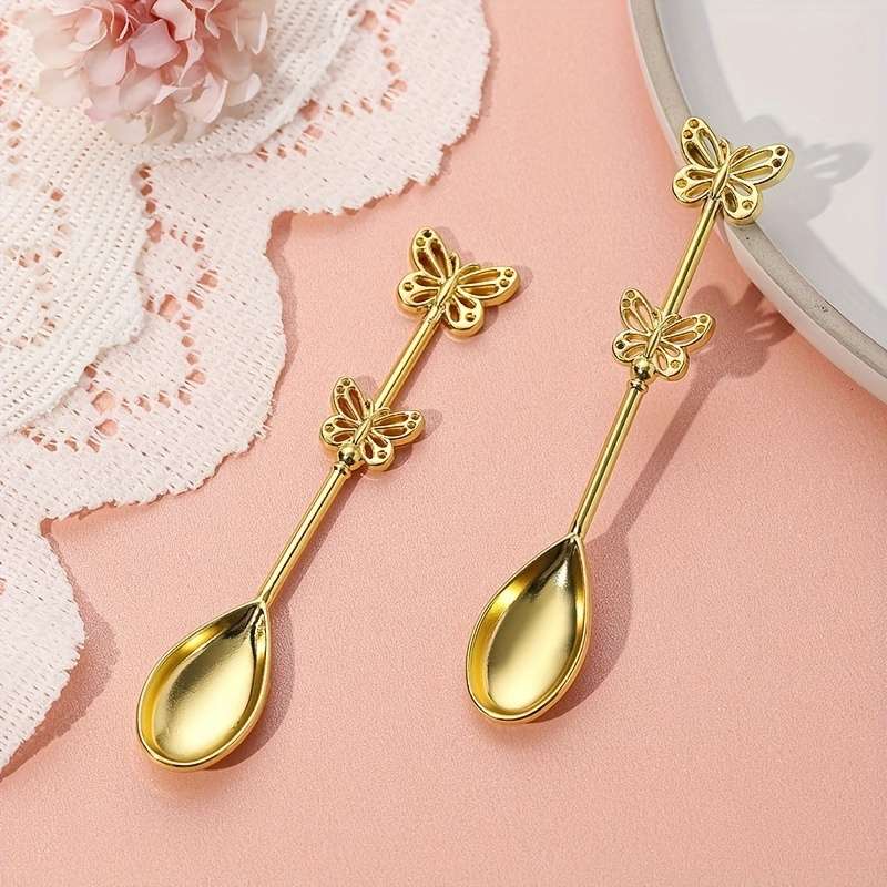 2pcs Golden Butterfly Dessert Coffee Spoons Elegant Metal Stirring Spoons with Polka Dot Gi