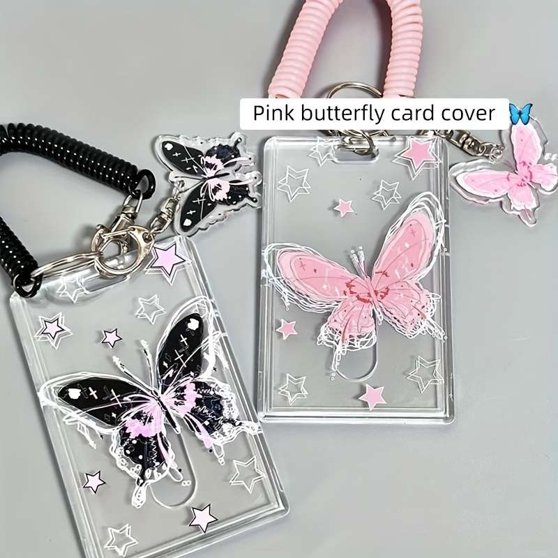 1pc Y2K-Inspired Butterfly Design Transparent ID Card Holder with Keychain Durable Plastic Anti-
