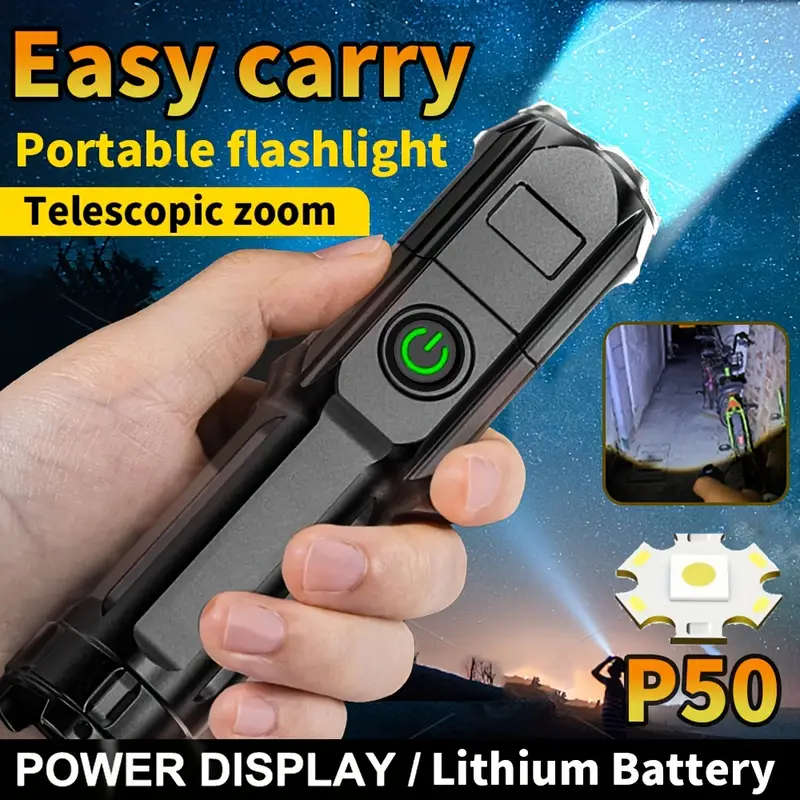 1pc Rechargeable LED Flashlight P50 Portable Telescopic Zoom 800mAh Lithium Battery USB Cable Includ