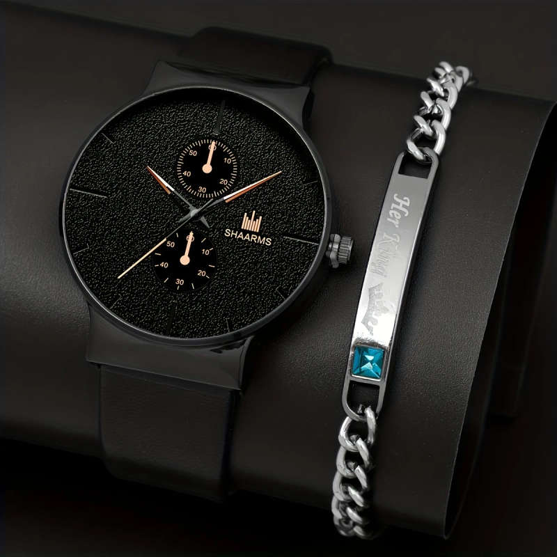 2pcs set Fashion Men's Simple Business Quartz Watch Bracelet Set Ideal Choice For Gifts Color sent