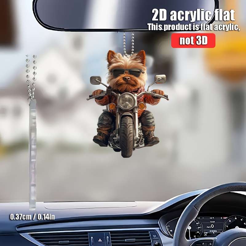 1pc 2D Flat   Yorkshire Terrier Riding Motorcycle  Acrylic Hanging Ornament Flat Design with