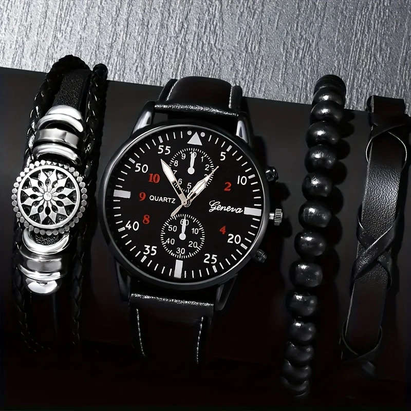 4pcs Fashion Quartz Watch Set with Faux Leather Strap Classic Bracelets Sporty Round Dial Zinc Alloy