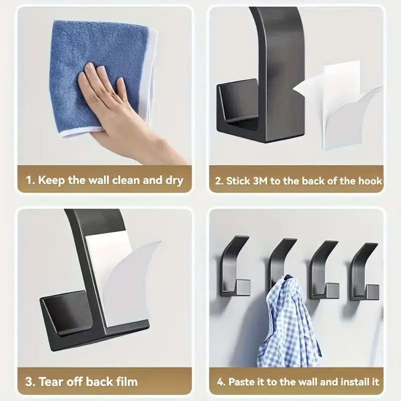 5 Piece Modern No-Drill Wall Hooks, Space-Saving Adhesive Towel and Coat Hooks, Black Plastic