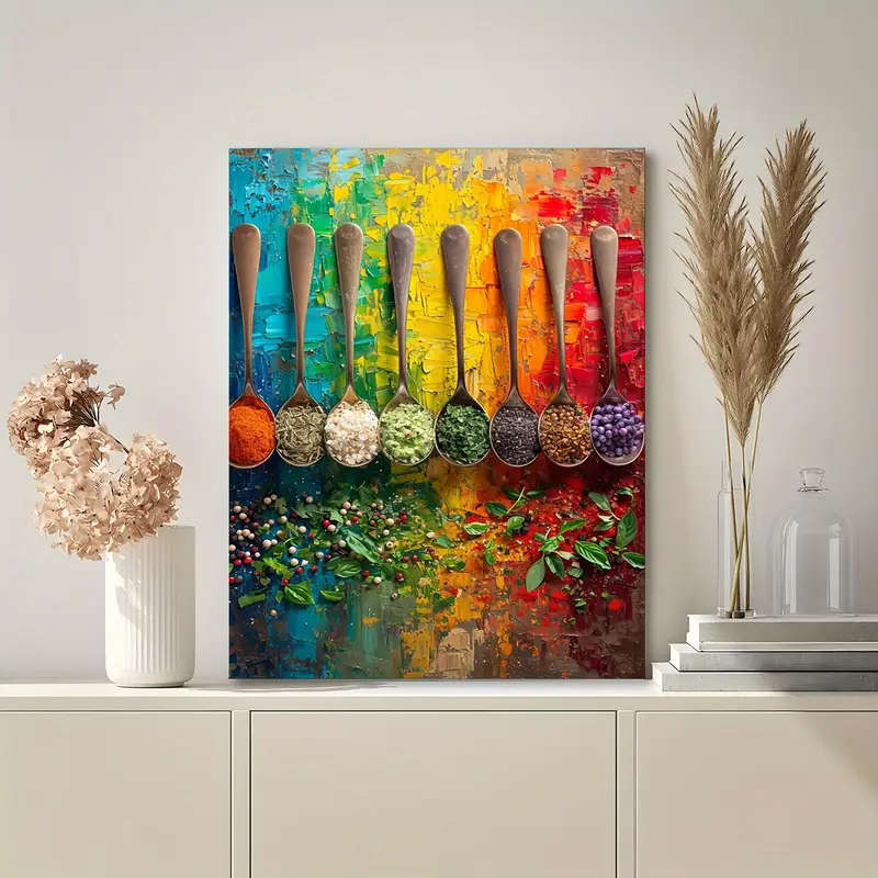 1pc Chic Seasoning Kitchen Canvas Art Wooden Framed Wall Decor for Living Room Bedroom Office Perfec