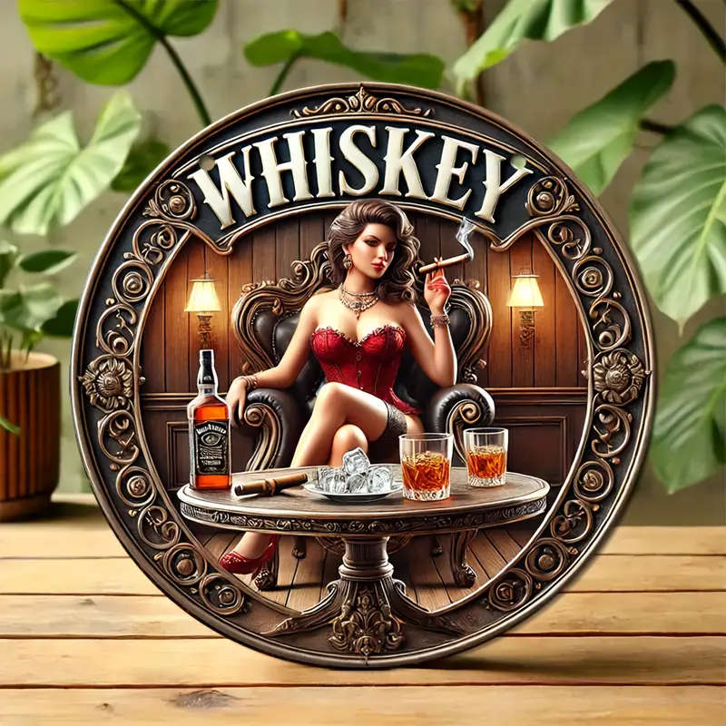 1pc Vintage Whiskey Metal Sign 20.32cmx 20.32cm Elegant Wall Art with Smoking Woman Ornate Design Al