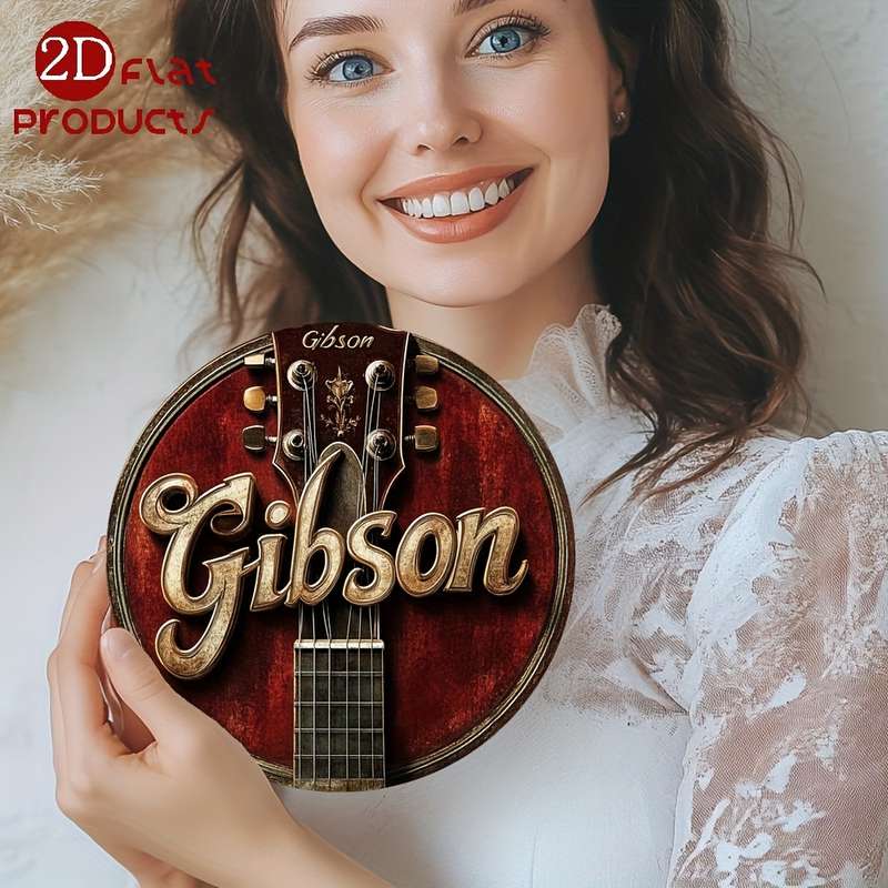 1pc 2D Flat Guitar Theme Round Wooden Sign 8x8in 20x20cm Home Holiday Decorations Suitable for R