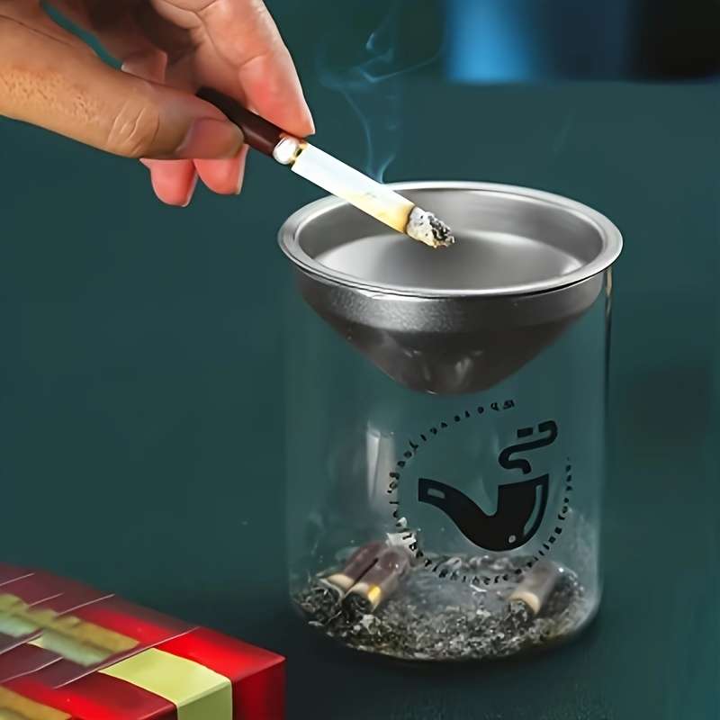 1pc Vintage Round Glass Ashtray with Lid Stainless Steel Funnel Creative Office Home Ashtray
