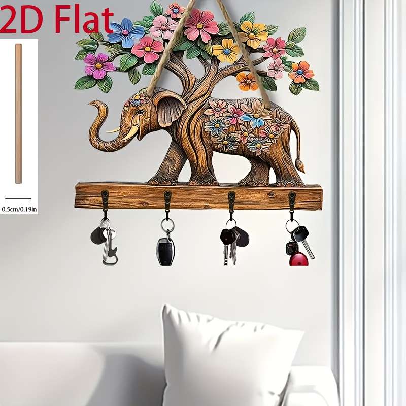 2D Flat 1pc Floral Elephant Simple Colorful Wooden and Home Key Hanger with Four Metal Hooks 2D Fl