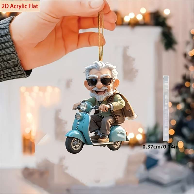 1pc 2D Flat  Acrylic Car Hanging Ornament Happy Grandpa Riding Scooter Ideal for Rearview Mirror