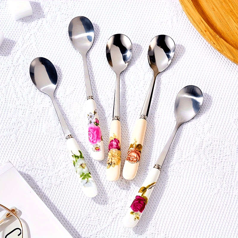 6pcs OUKEAI Stainless Steel Coffee Spoons with Floral Ceramic Handles Elegant Mixing Serving