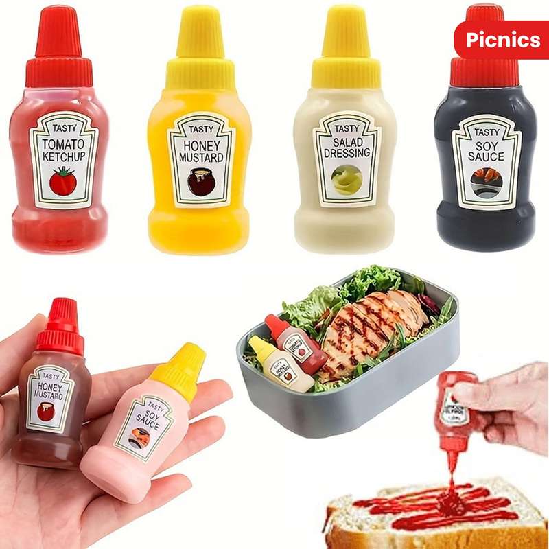 4pcs Mini Condiment Squeeze Bottles Leakproof Reusable Plastic Containers for Ketchup Mayon