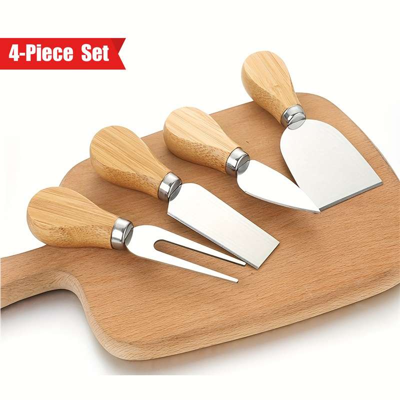 4-Piece Oak Cheese Knife Set Stainless Steel Western Food Kitchen Knives for Cooking Baking