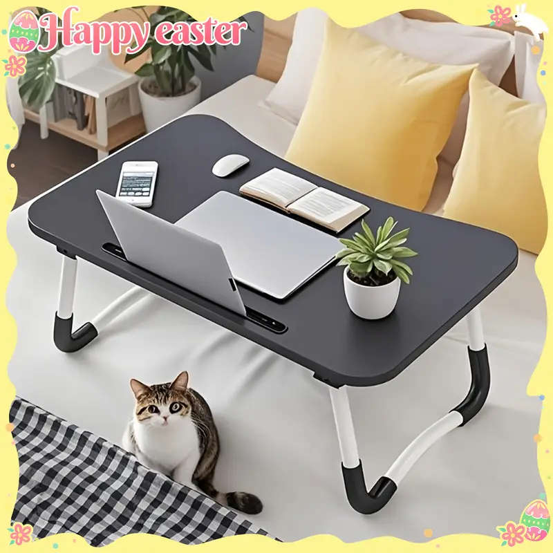 1pc Portable Folding Bed Table - Wood Fiberboard Compact Computer Desk with Sleek Black Surface & Wh