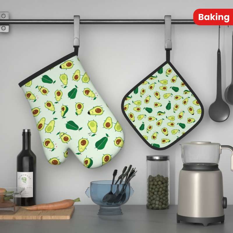 2pcs Avocado Pattern Oven Mitt Set Heat Resistant Polyester Kitchen Accessories Machine Washa