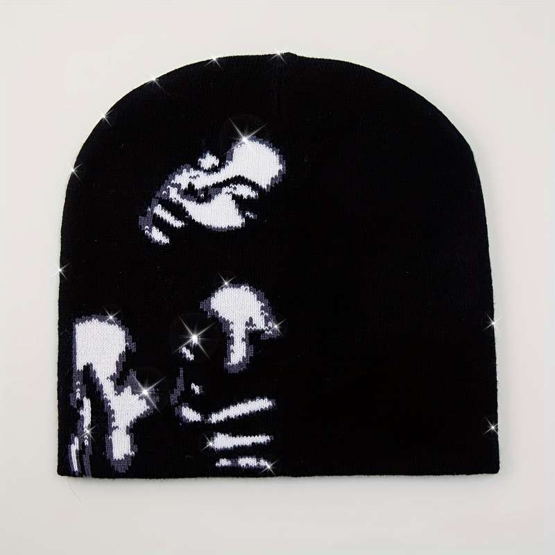 1pc Women's Knitted Jacquard Beanie Casual Stylish Black White Skull Cap Daily Wear Headwear