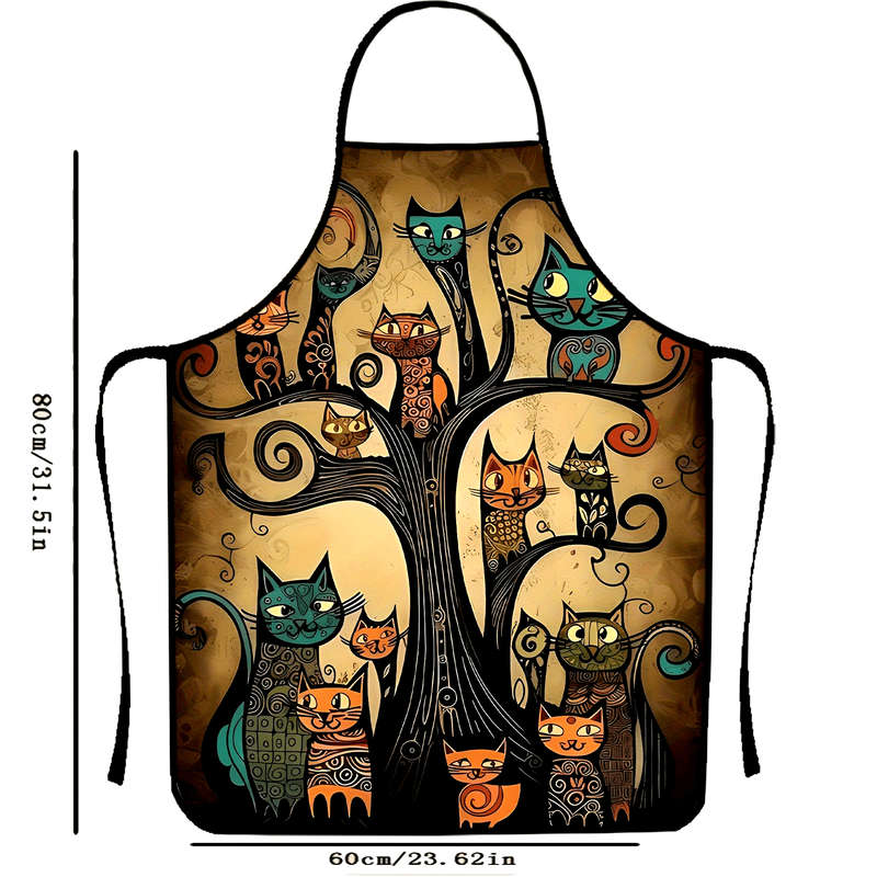 1pc Colorful Cartoon Cat Print Polyester Apron Sleeveless Durable Kitchen Cleaning Bib