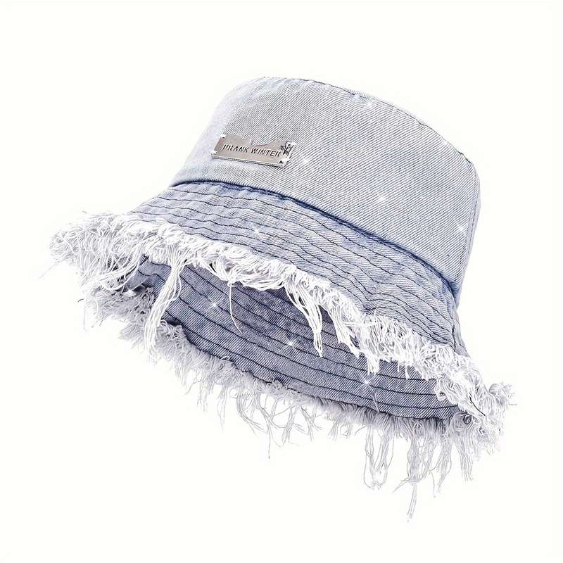 1pc Sun Protection Polyester Bucket Hat with Frayed Edge Design Hand Washable Woven Denim Style Ca