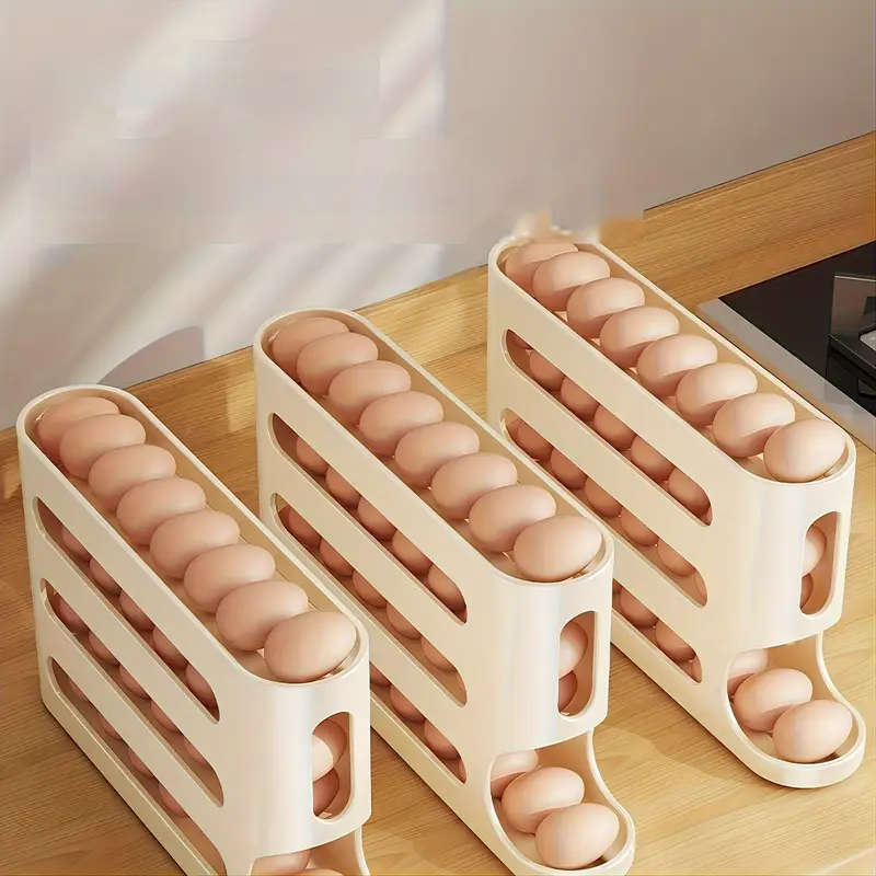 4-Tier Sliding Egg Holder, Large Capacity Automatic Roll-Off Egg Storage Box for Refrigerator Side D