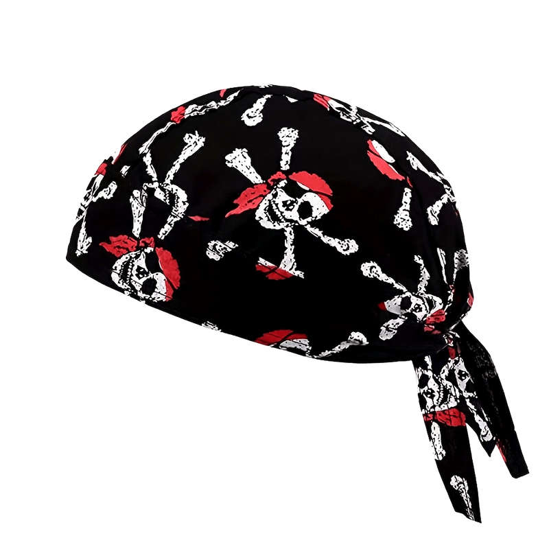1pc Pirate Hat for Adults Black with White Skull Red Heart Pattern Lightweight Knit Headge