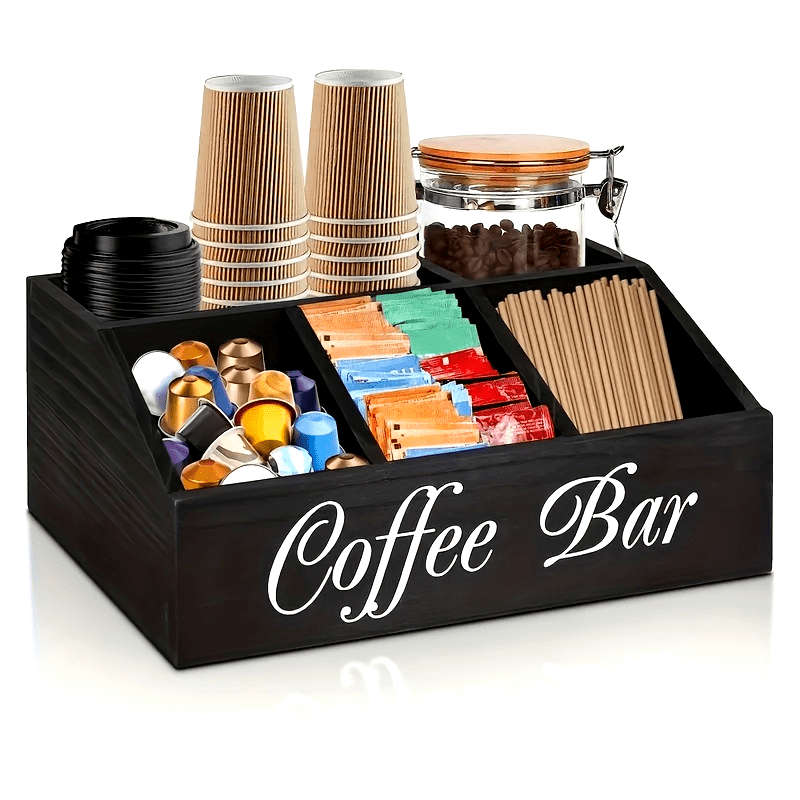 1pc Classic Wooden Coffee Bar Organizer Box Multi-Compartment Storage for Coffee Accessories