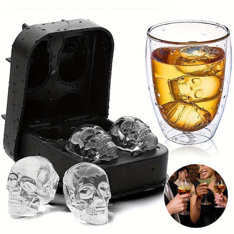 1pc Skull-Shaped Silicone Ice Cube Tray 4-Cavity DIY Mold for Whiskey Cocktails Perfect fo