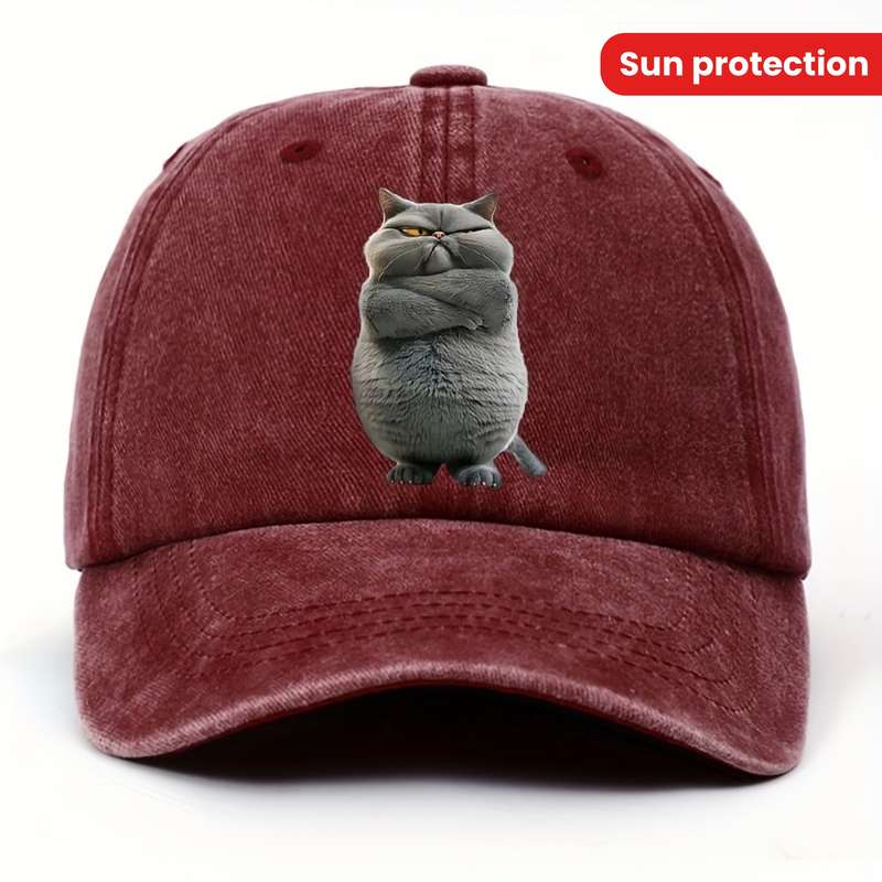 1pc Adjustable Cotton Baseball Cap with Funny Cat Print Unisex Vintage Washed Hat Pre-Curved Sun