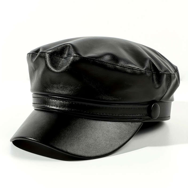 1pc PU Leather Flat Top Beret Hat Adjustable Military Navy Hat British Style Elegant Painter Hat