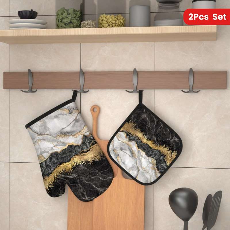 2pcs Marble Pattern Oven Mitt Set 26.92x17.02 cm Heat Resistant Polyester Kitchen Gloves and