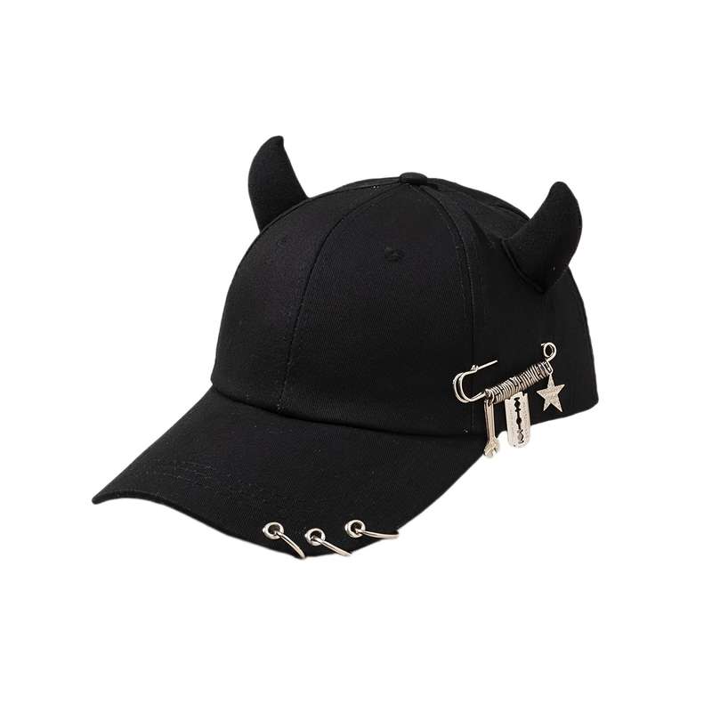 1pc Street Style Hip-Hop Baseball Cap with Unique Horn Accents Safety Pins Charms 100% Polyest