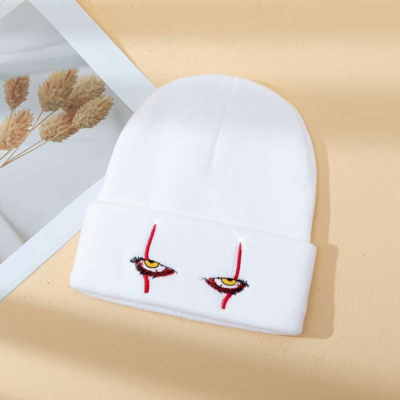 1pc Trendy Devil's Eye Embroidered Beanie Warm Acrylic Knit Winter Hat Lightweight Elastic Ma