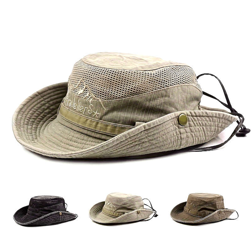 1pc Breathable Cotton Mesh Sun Hat All-Season Outdoor Fisherman Cap with Drawstring Closure UV Pr