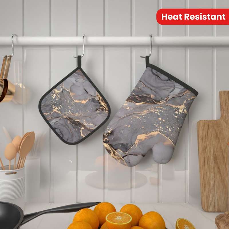 2pcs Grey Marble Pattern Polyester Oven Mitts Heat Resistant Potholders Machine Washable Wov