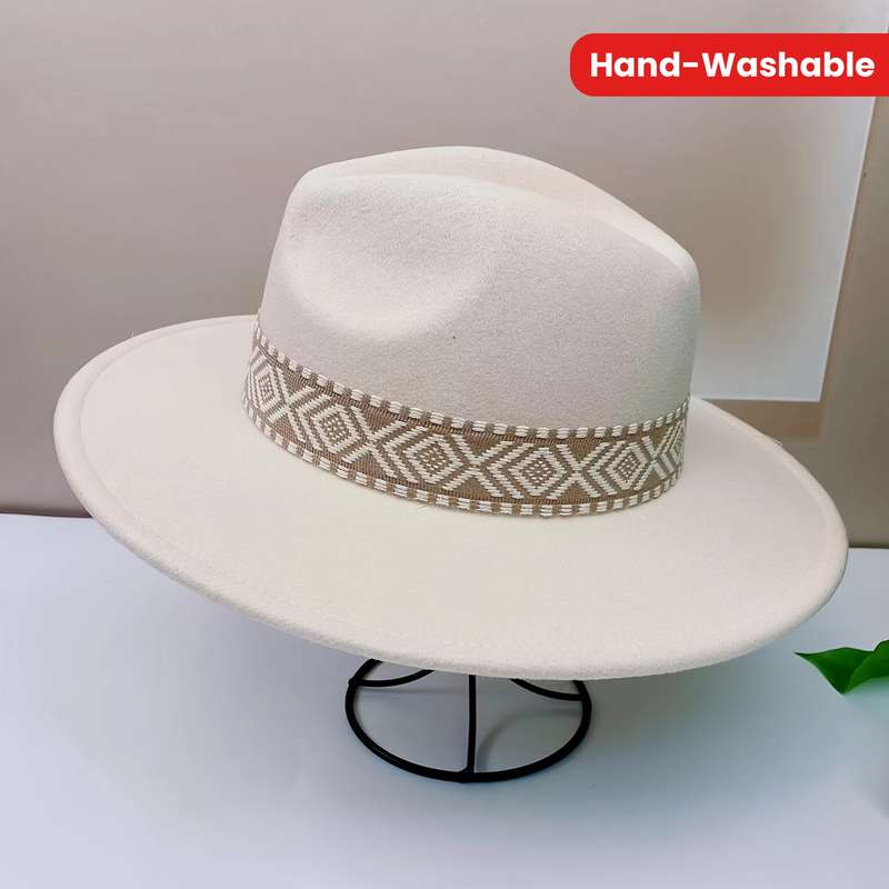 1pc Adjustable Flat Brim Fedora Hat with Geometric Pattern Band Chic Beige Fleece-Blend Ideal fo