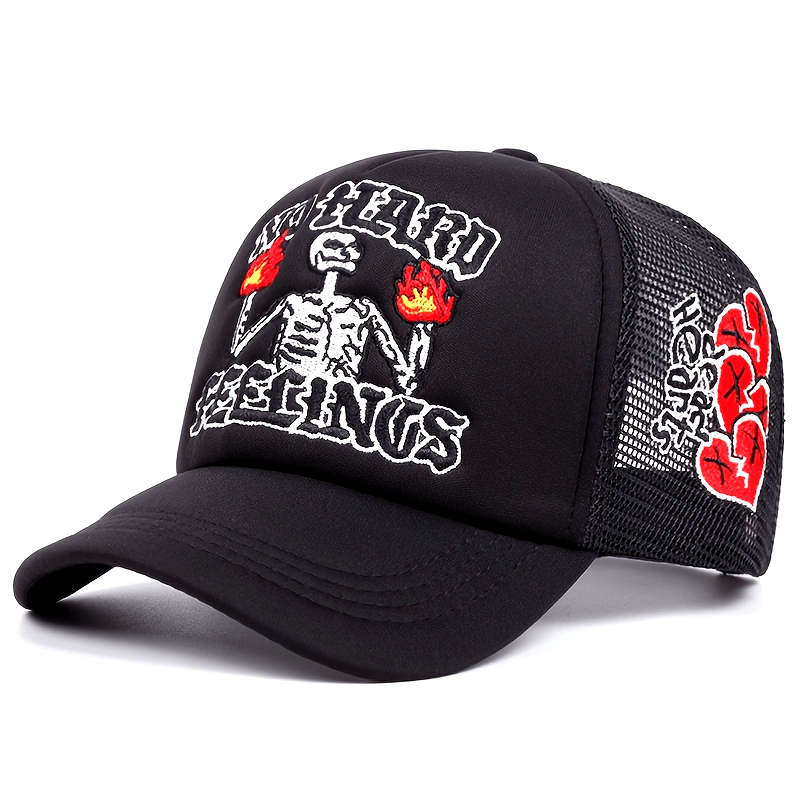 1pc Flame Skull Rose Embroidered Baseball Cap Lightweight Adjustable Snapback for Outdoor Spor