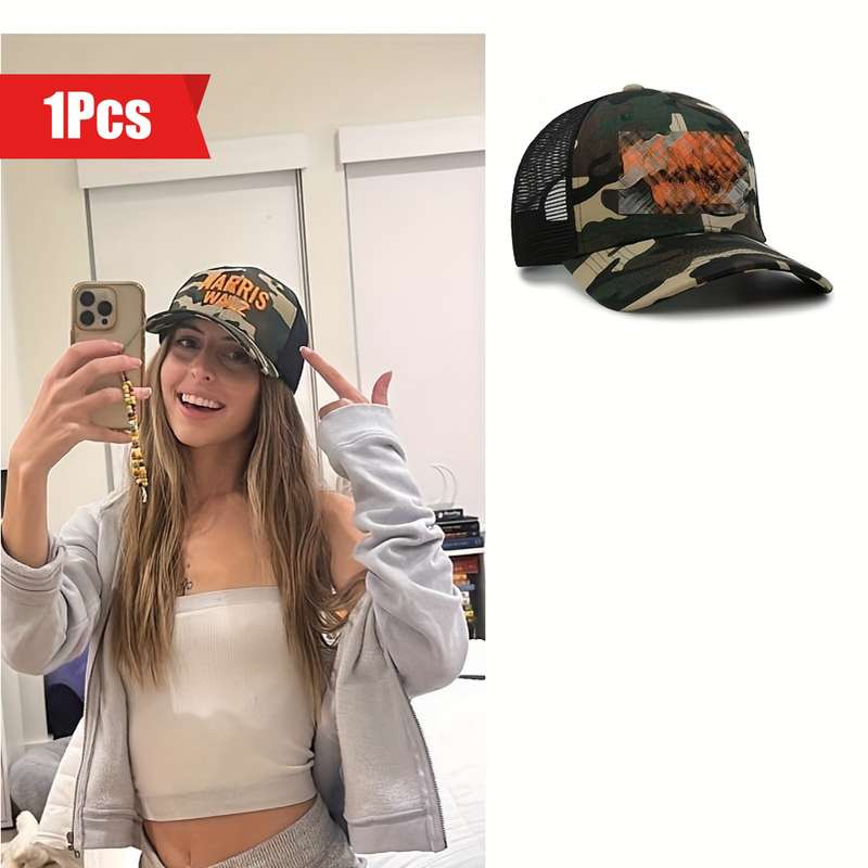 1pc Embroidered Camouflage Cap with Mesh Back Adjustable Snap for Sports Knit Cotton Blend Fa