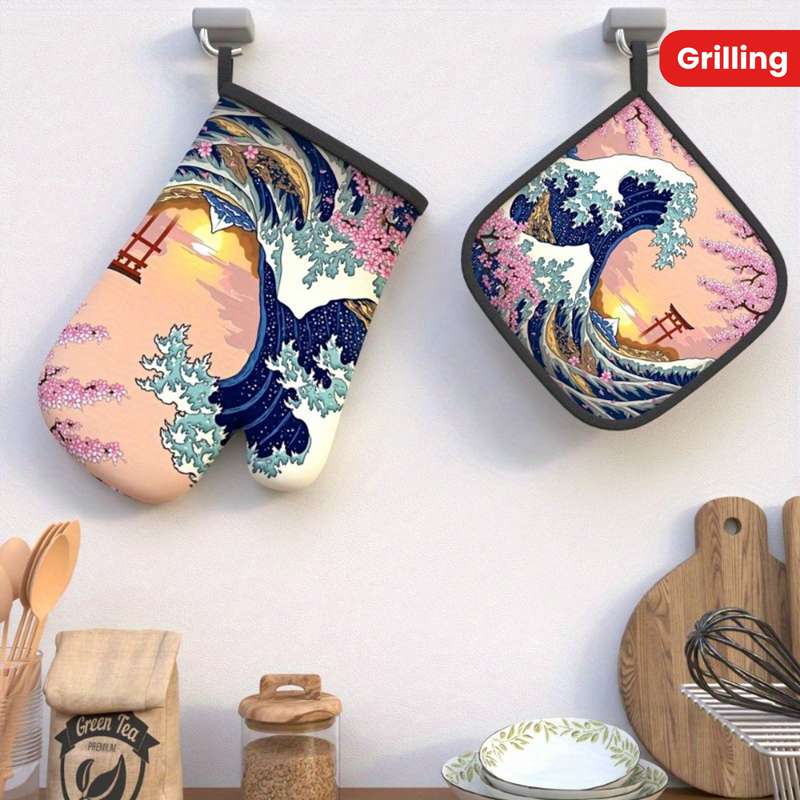 2pcs Set Cherry Blossom Oven Mitts Pot Holders 26.92x17.02cm Heat Resistant Non-Slip Kitch
