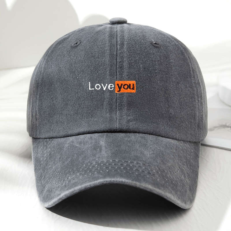 1pc Love You Embroidered Baseball Cap Vintage Gray Adjustable Fit Sun Protection Polyester