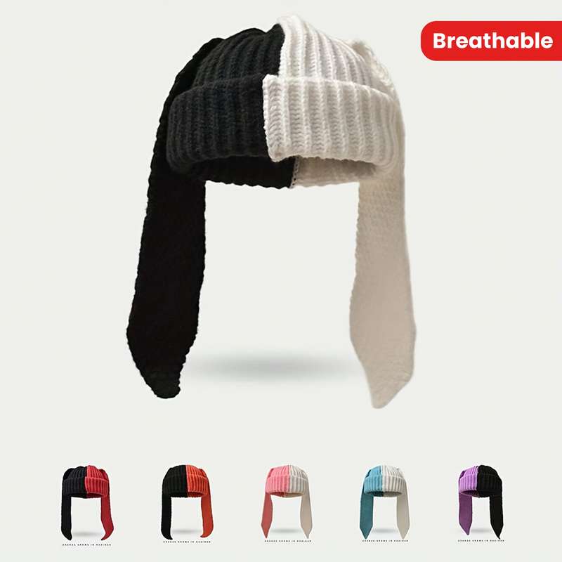 1pc Perfect Breathable Rabbit Ear Beanie Chic Colorblock Knit Rabbit Ear Beanie for Women Stret