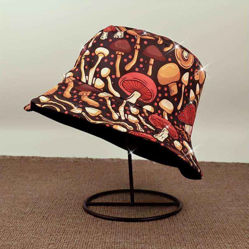 1pc Mushroom Print Bucket Hat Lightweight Breathable Polyester Fisherman Cap for Outdoor Adventu