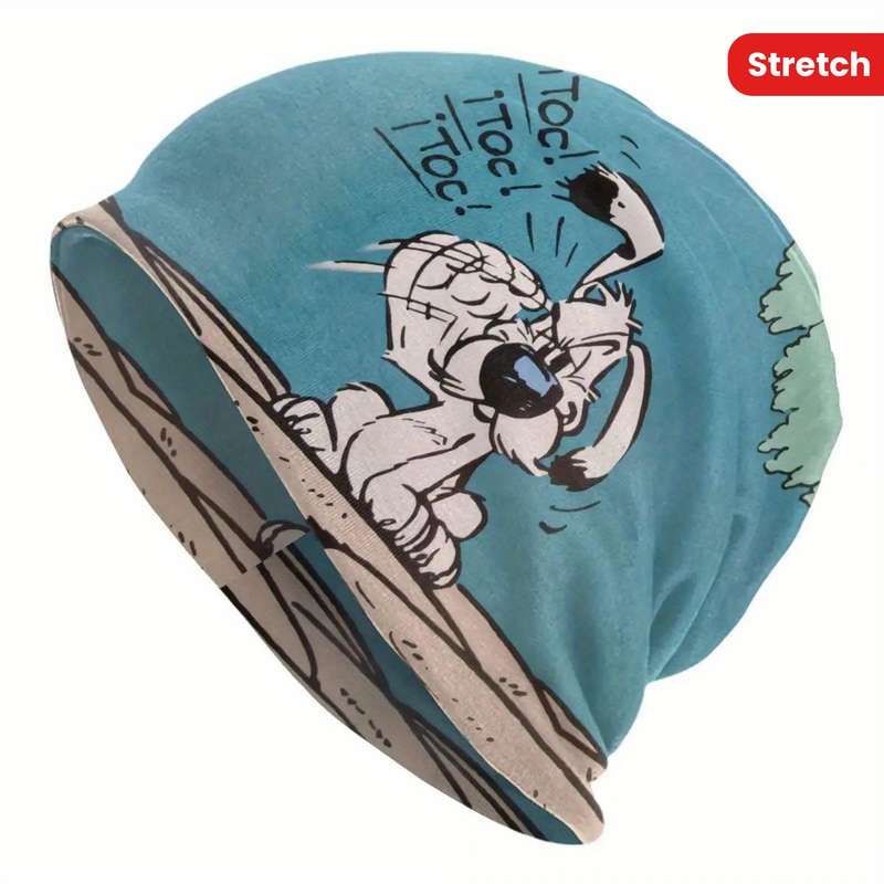 1pc Fashionable Cartoon Dog Print Beanie for Men Soft Polyester Stretch Knit Hat with Elastane