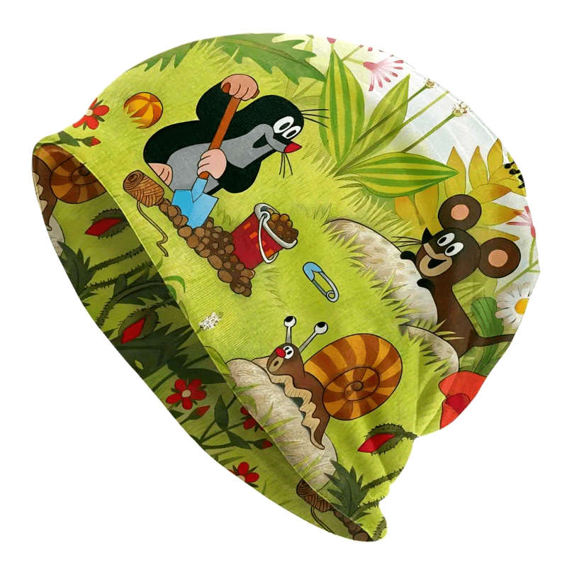 1pc Biihudu Fashionable Knitted Polyester and Spandex Hat with Cute Mole and Bear Print Unisex Fu
