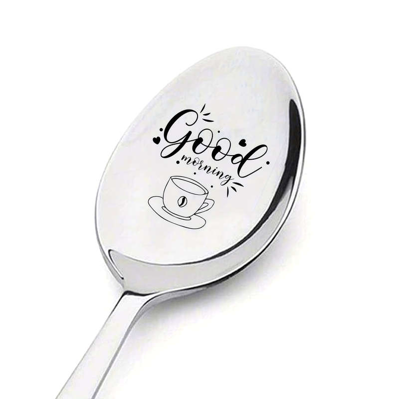 1pc Good Morning And TeaCup Engraved SpoonSpecial Design For Tea HouseHousehold Use Gift F